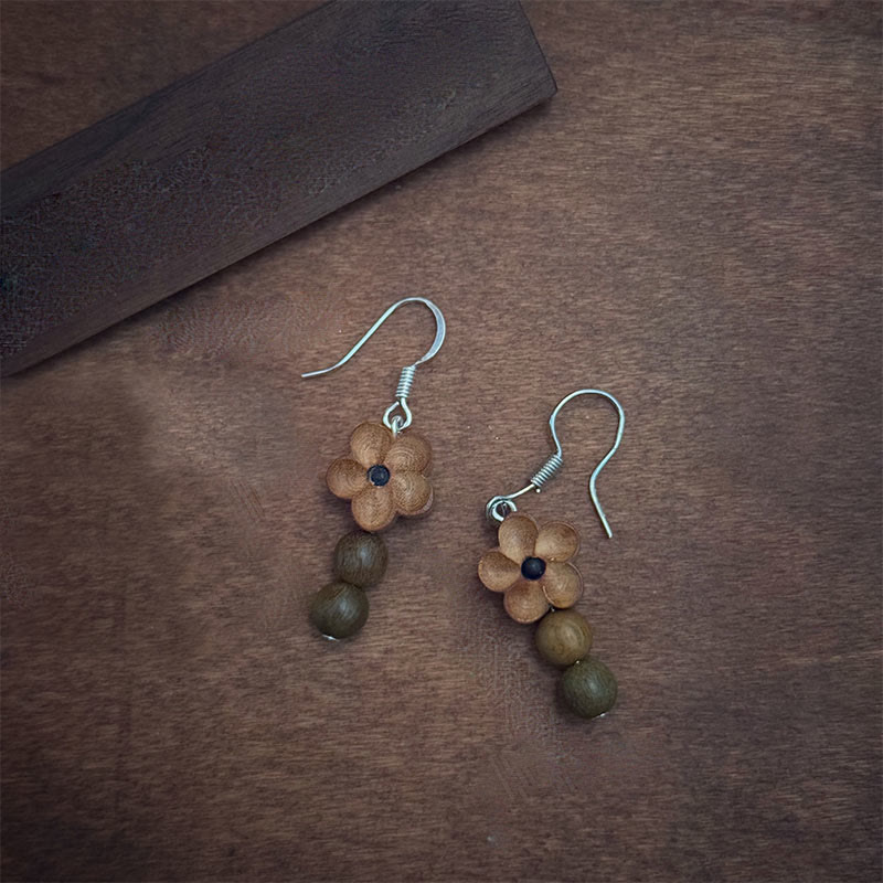 Buddha Stones 925 Sterling Silver Peach Wood Flower Green Sandalwood Luck Earrings - Peach Wood&Green Sandalwood - image 0