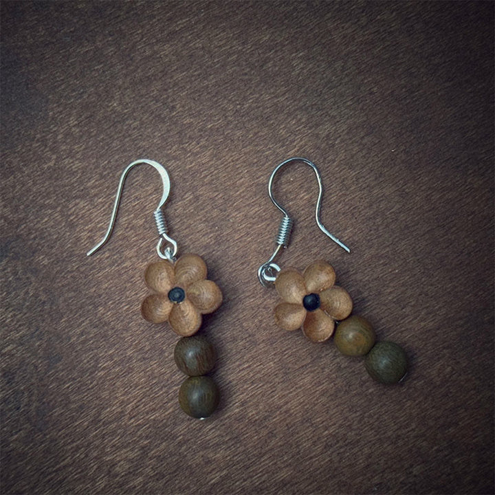 Buddha Stones 925 Sterling Silver Peach Wood Flower Green Sandalwood Luck Earrings - image 1