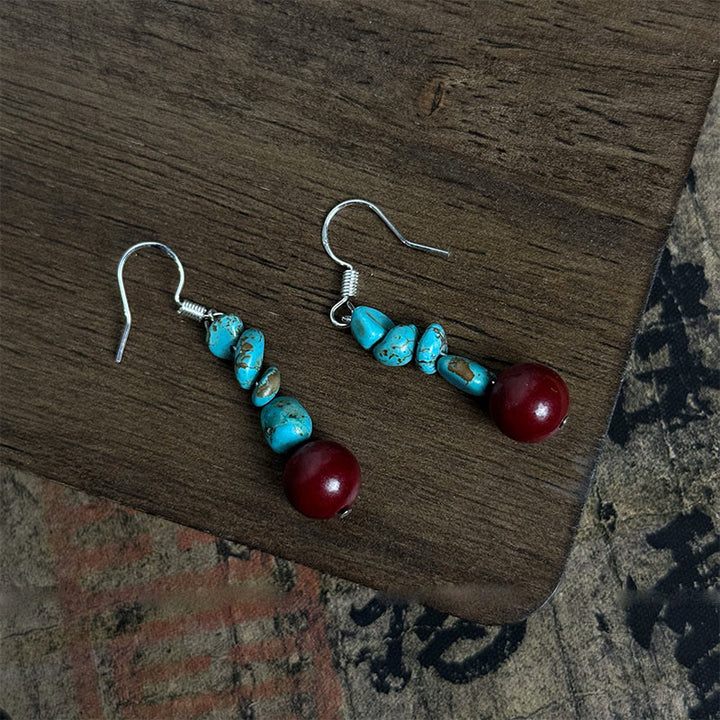 Buddha Stones Tibetan 925 Sterling Silver Turquoise Cinnabar beads Protection Earrings - image 1