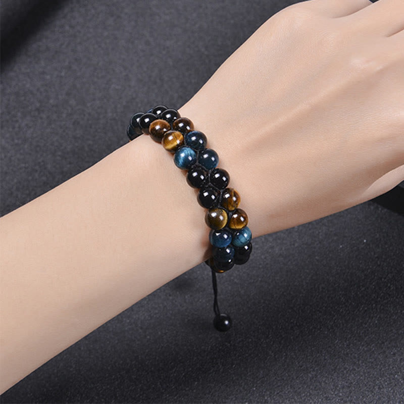 Buddha Stones Natural Blue Tiger Eye Black Magnetite Om Pattern Double Row Beads Strength Bracelet - image 15
