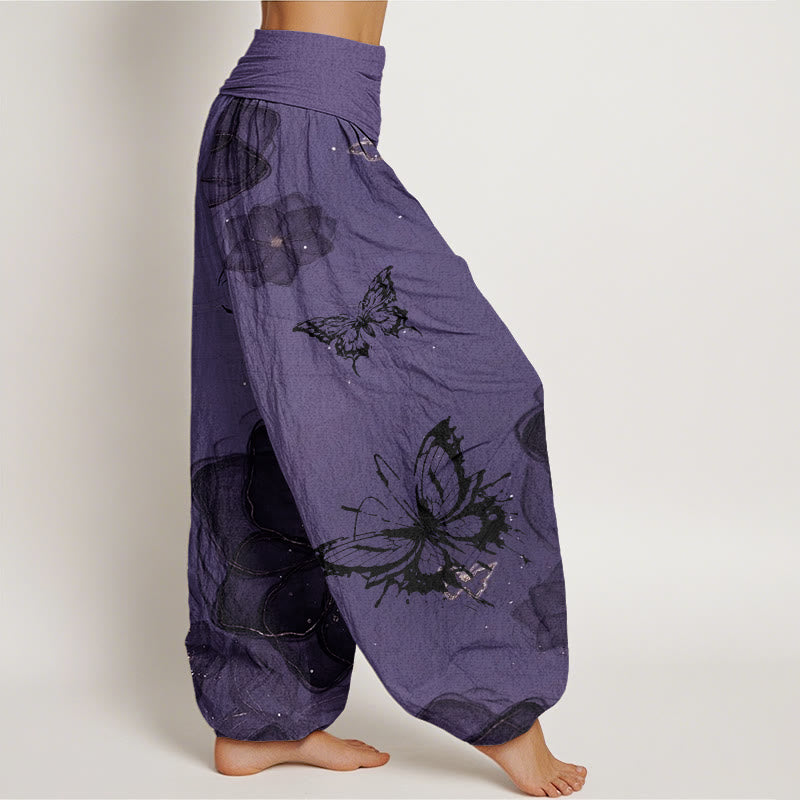 Buddha Stones Cotton Butterfly Flowers Pattern Women's Elastic Waist Harem Pants - image 2