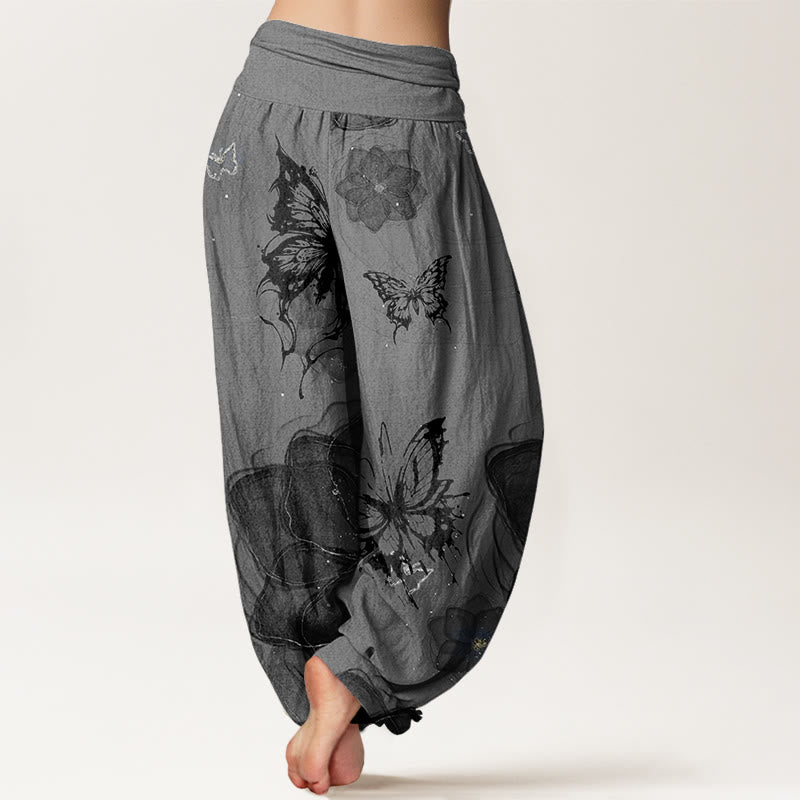 Buddha Stones Butterfly Flowers Pattern Women's Elastic Waist Harem Pants - image 5