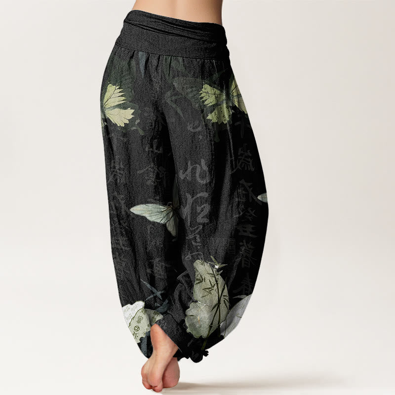 Buddha Stones Cotton Butterfly Bamboo Leaves Chinese Characters Pattern Women's Elastic Waist Harem Pants - image 1