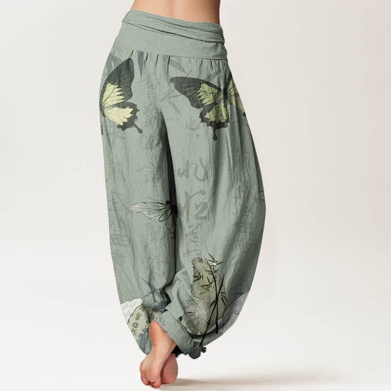 Buddha Stones Butterfly Bamboo Leaves Chinese Characters Pattern Women's Elastic Waist Harem Pants - image 5
