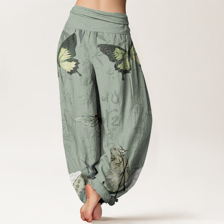 Buddha Stones Butterfly Bamboo Leaves Chinese Characters Pattern Women's Elastic Waist Harem Pants - image 5