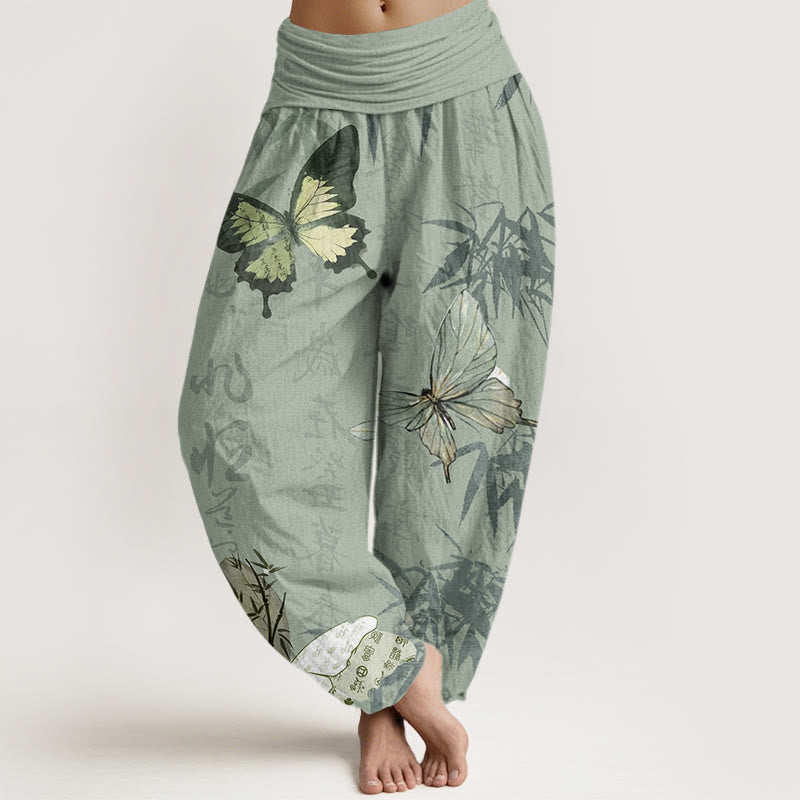 Buddha Stones Cotton Butterfly Bamboo Leaves Chinese Characters Pattern Women's Elastic Waist Harem Pants - DarkSeaGreen - US22，UK/AU26，EU54 (6XL) - image 4
