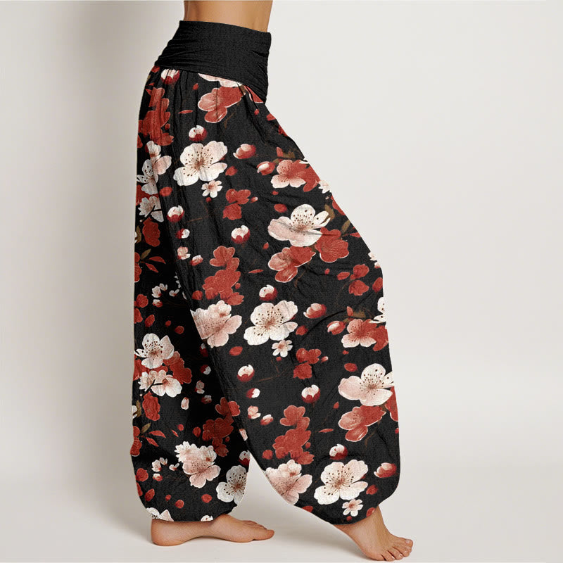 Buddha Stones Pink Red Peach Blossoms Design Women's Elastic Waist Harem Pants - image 2