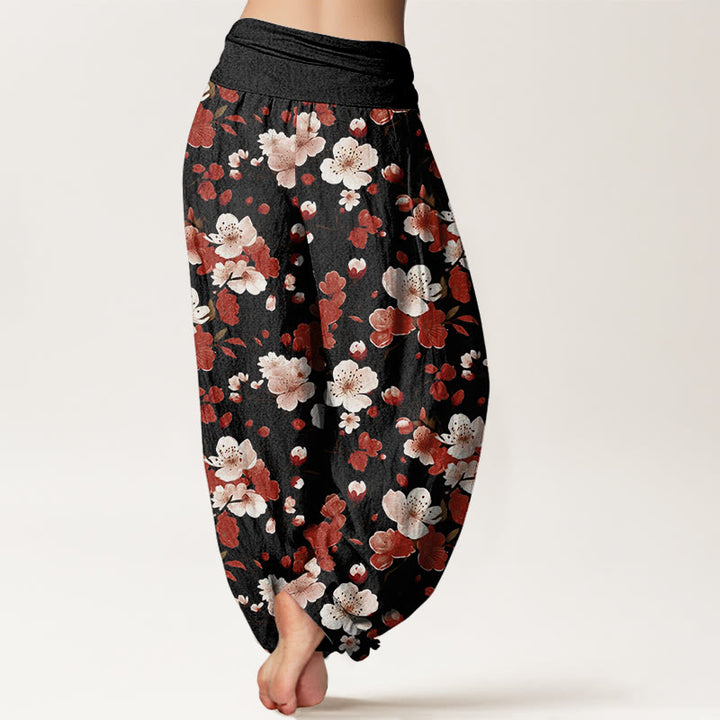 Buddha Stones Cotton Pink Red Peach Blossoms Design Women's Elastic Waist Harem Pants - image 1
