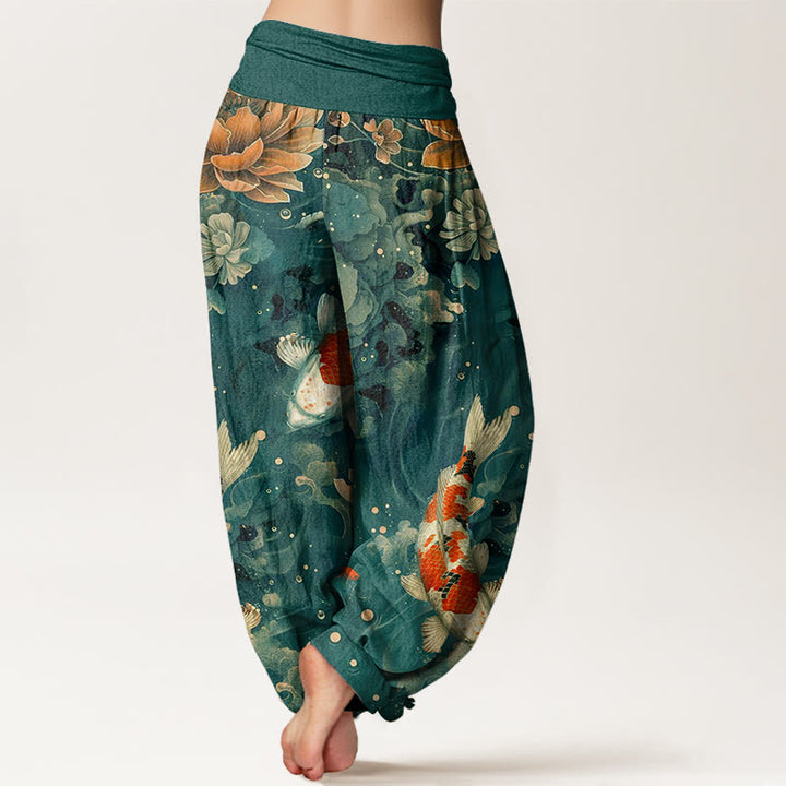 Buddha Stones Colorful Koi Fish Lotus Flowers Design Women's Elastic Waist Harem Pants - image 1