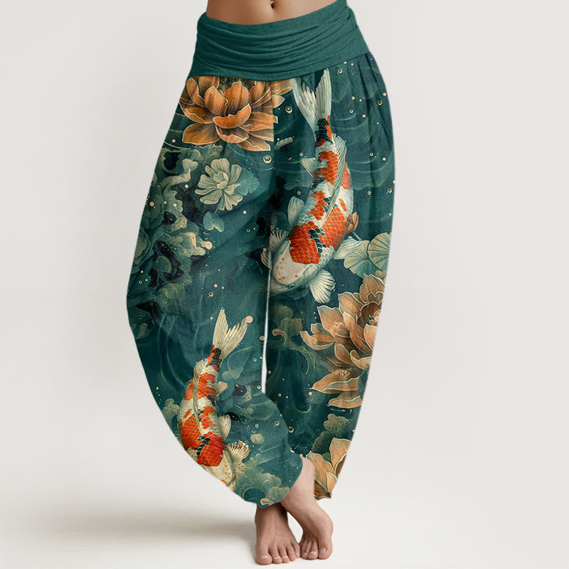Buddha Stones Colorful Koi Fish Lotus Flowers Design Women's Elastic Waist Harem Pants - LightSeaGreen - US22，UK/AU26，EU54 (6XL) - image 0