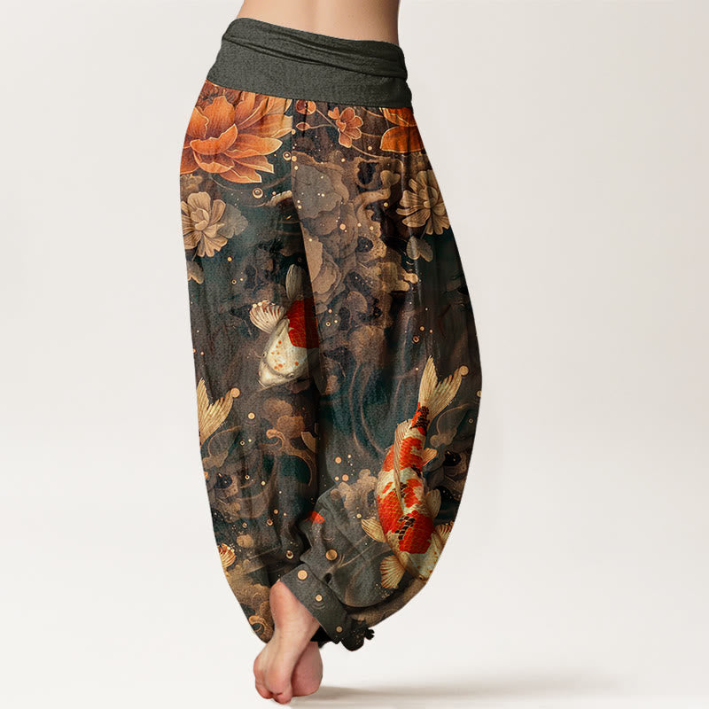 Buddha Stones Colorful Koi Fish Lotus Flowers Design Women's Elastic Waist Harem Pants - image 5