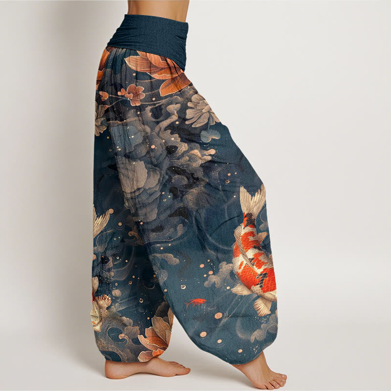 Buddha Stones Colorful Koi Fish Lotus Flowers Design Women's Elastic Waist Harem Pants - image 9