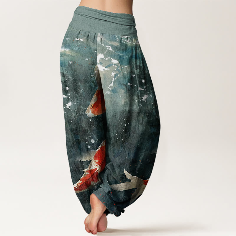 Buddha Stones Colorful Koi Fish Ocean Design Women's Elastic Waist Harem Pants - image 1