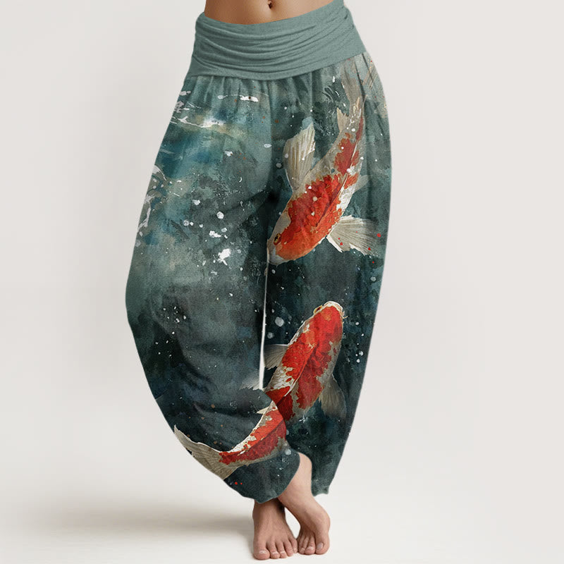 Buddha Stones Colorful Koi Fish Ocean Design Women's Elastic Waist Harem Pants - LightSeaGreen - US22，UK/AU26，EU54 (6XL) - image 0