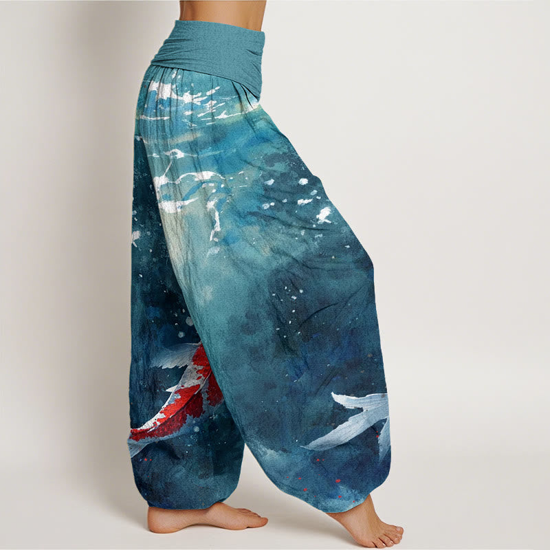 Buddha Stones Colorful Koi Fish Ocean Design Women's Elastic Waist Harem Pants - image 9