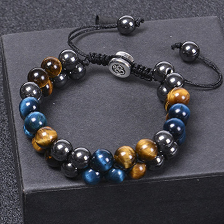 Buddha Stones Natural Blue Tiger Eye Black Magnetite Om Pattern Double Row Beads Strength Bracelet - image 11