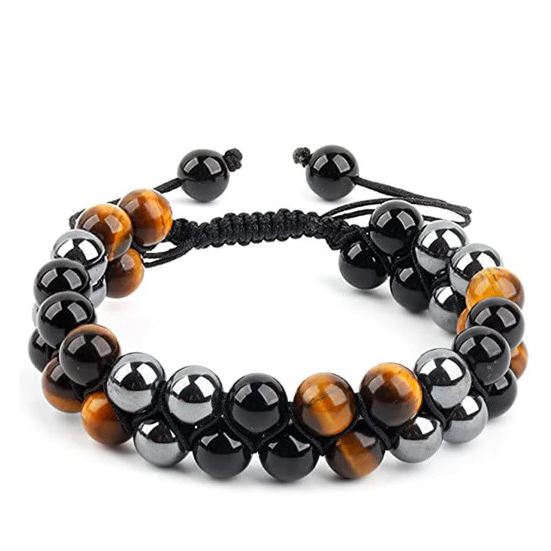 Buddha Stones Natural Tiger Eye Black Magnetite Black Onyx Double Row Beads Protection Bracelet - image 9