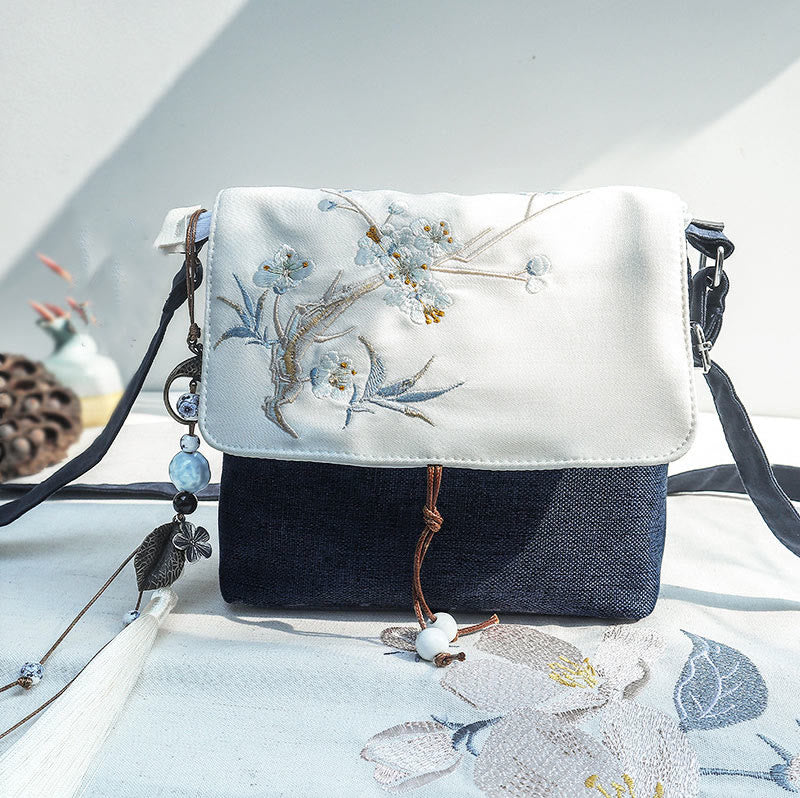 Buddha Stones Handmade Embroidered Large Capacity Polyester Canvas Backpack - Dark Blue Plum Embroidery - image 0