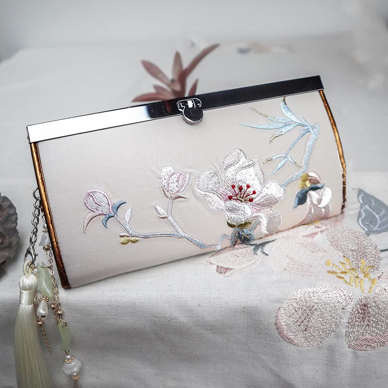 Buddha Stones Magnolia Flower Double-sided Embroidery Large Capacity Cash Holder Wallet Shopping Purse - Magnolia - image 0