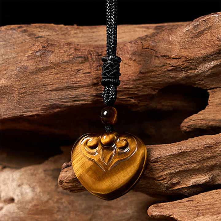 Buddha Stones Natural Tiger Eye Love Heart Pattern Protection Rope Necklace Pendant - image 4