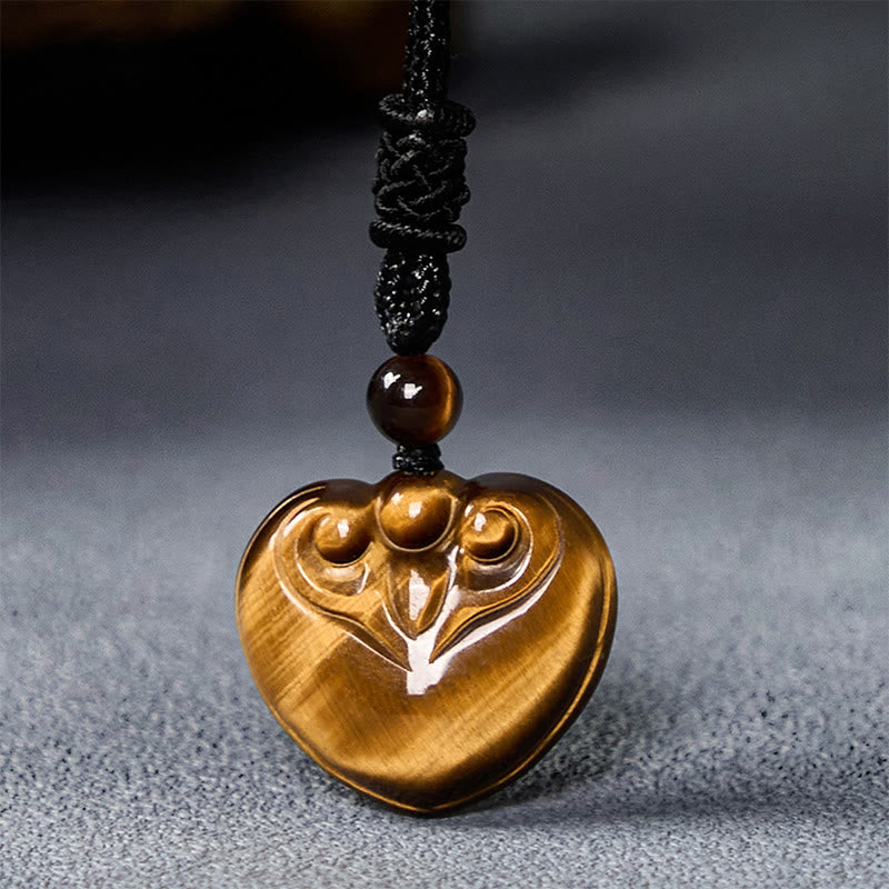 Buddha Stones Natural Tiger Eye Love Heart Pattern Protection Rope Necklace Pendant - Tiger Eye - image 0