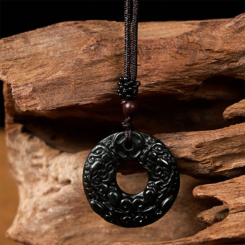 Buddha Stones Tibetan Nanyang Black-Green Jade PiXiu Peace Buckle Protection Necklace Pendant - image 4