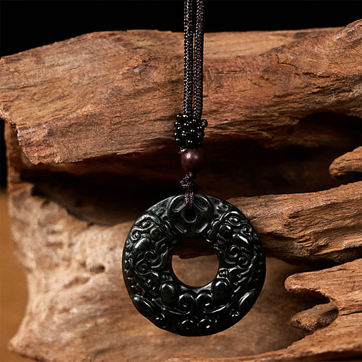 Buddha Stones Tibetan Nanyang Black-Green Jade PiXiu Peace Buckle Protection Necklace Pendant - image 4
