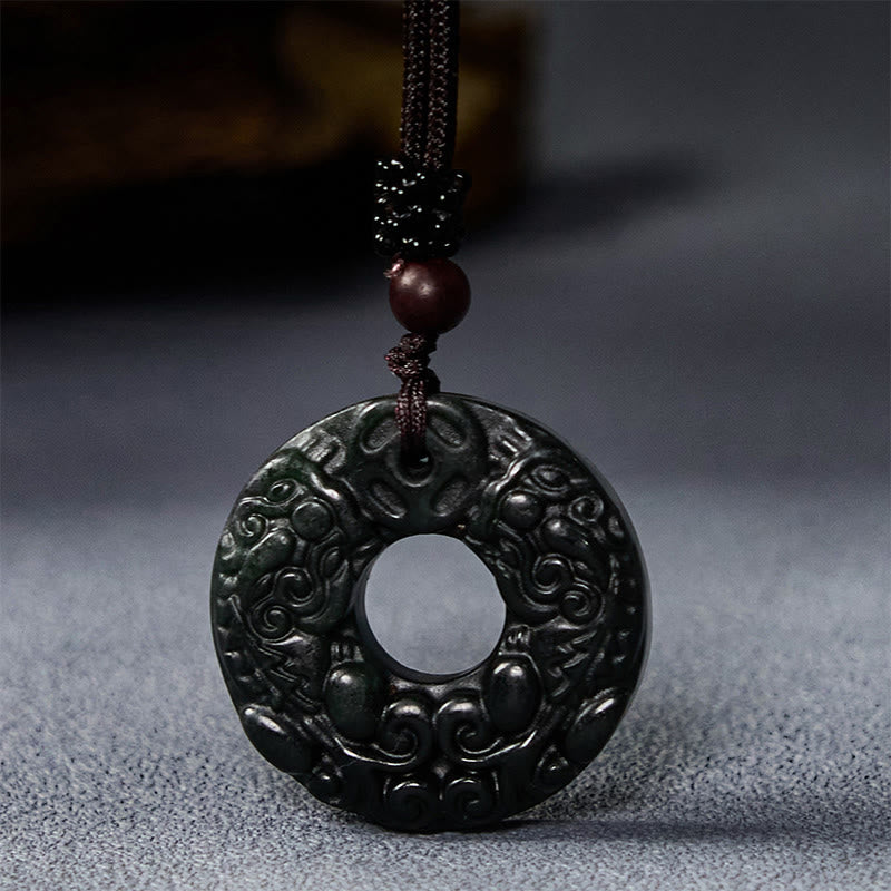 Buddha Stones Tibetan Nanyang Black-Green Jade PiXiu Peace Buckle Protection Necklace Pendant - image 1