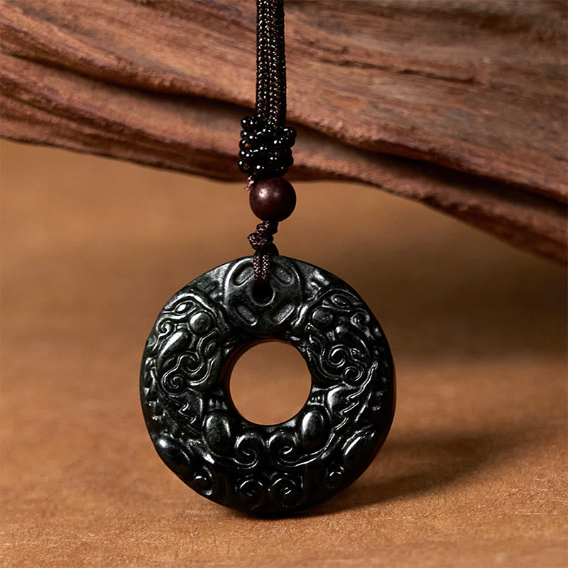 Buddha Stones Tibetan Nanyang Black-Green Jade PiXiu Peace Buckle Protection Necklace Pendant - Nanyang Black-Green Jade - image 0