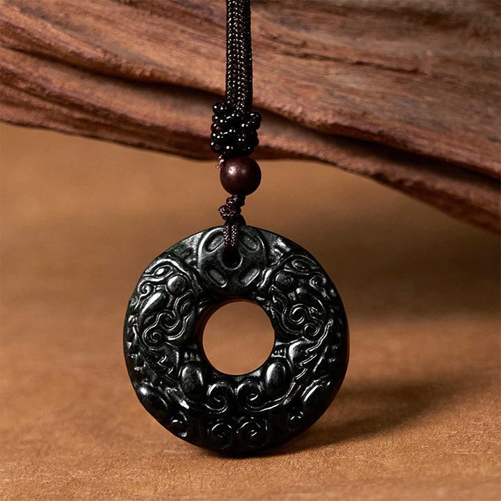 Buddha Stones Tibetan Nanyang Black-Green Jade PiXiu Peace Buckle Protection Necklace Pendant - Nanyang Black-Green Jade - image 0