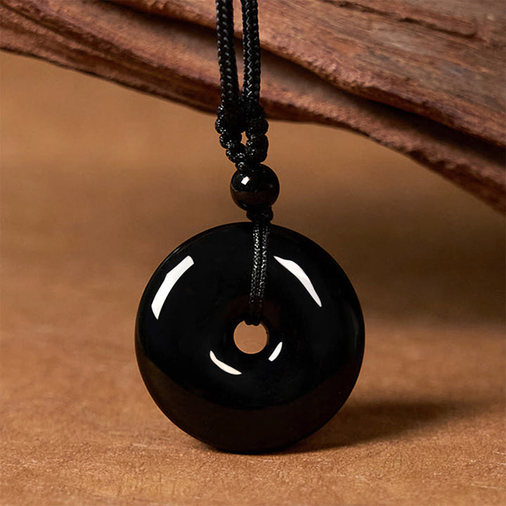 Buddha Stones Natural Black Obsidian Peace Buckle Strength Rope Necklace Pendant - Black Obsidian&Rope - image 5