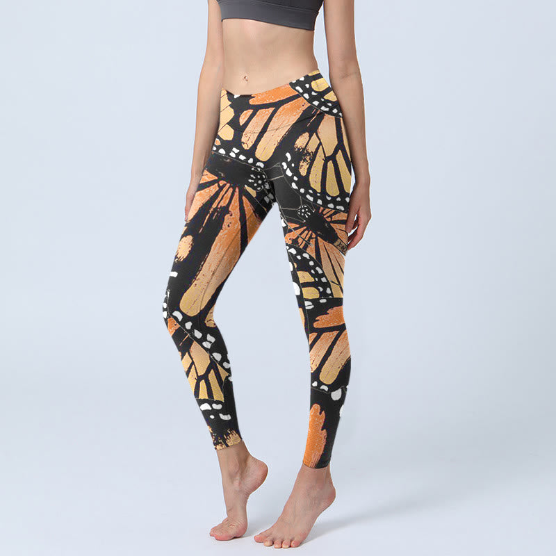 Buddha Stones Yellow Butterfly Print Exercise Leggings Women's Yoga Pants - Black - US18，UK/AU22，EU50 (4XL) - image 0