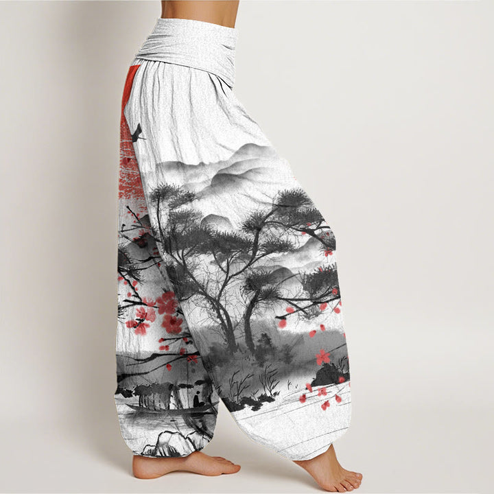 Buddha Stones Cotton Casual Red Plum Blossom Mountains Sun Pattern Women's Elastic Waist Harem Pants - image 2