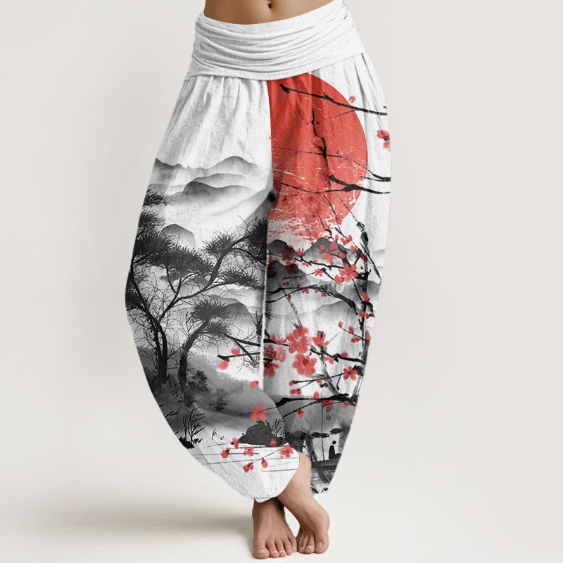 Buddha Stones Casual Red Plum Blossom Mountains Sun Pattern Women's Elastic Waist Harem Pants - White - US22，UK/AU26，EU54 (6XL) - image 0