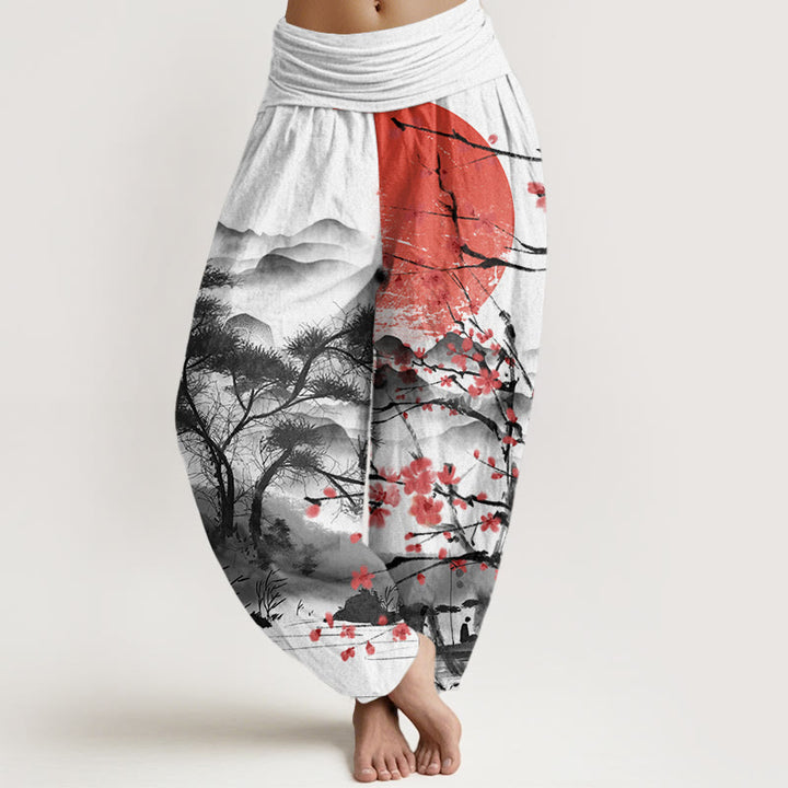 Buddha Stones Casual Red Plum Blossom Mountains Sun Pattern Women's Elastic Waist Harem Pants - White - US22，UK/AU26，EU54 (6XL) - image 0