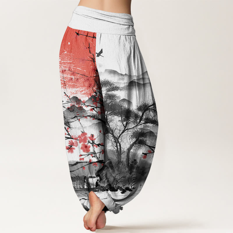 Buddha Stones Cotton Casual Red Plum Blossom Mountains Sun Pattern Women's Elastic Waist Harem Pants - image 1