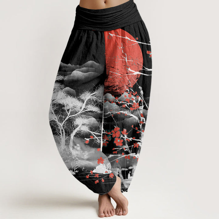 Buddha Stones Casual Red Plum Blossom Mountains Sun Pattern Women's Elastic Waist Harem Pants - Black - US22，UK/AU26，EU54 (6XL) - image 4