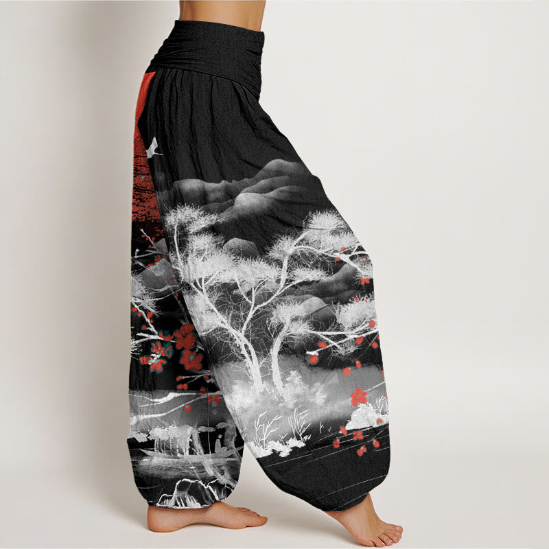 Buddha Stones Casual Red Plum Blossom Mountains Sun Pattern Women's Elastic Waist Harem Pants - image 6