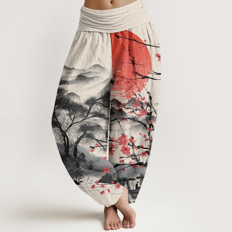 Buddha Stones Casual Red Plum Blossom Mountains Sun Pattern Women's Elastic Waist Harem Pants - Beige - US22，UK/AU26，EU54 (6XL) - image 7