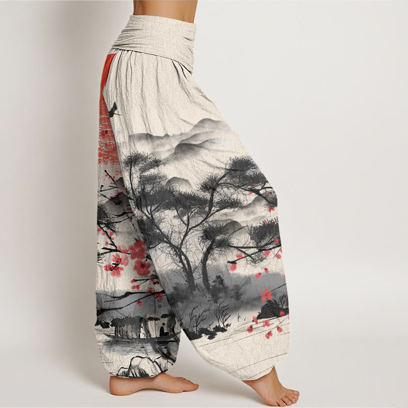 Buddha Stones Casual Red Plum Blossom Mountains Sun Pattern Women's Elastic Waist Harem Pants - image 9
