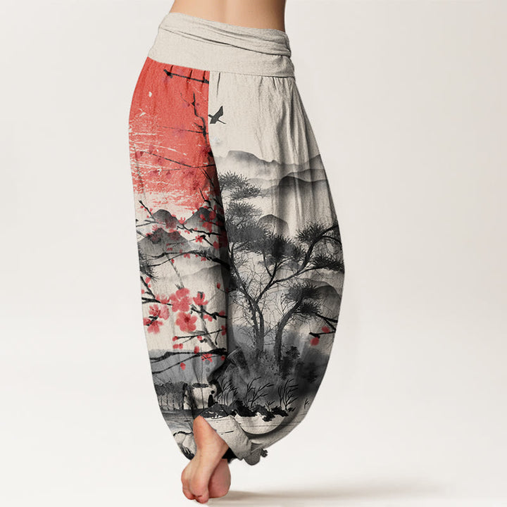Buddha Stones Casual Red Plum Blossom Mountains Sun Pattern Women's Elastic Waist Harem Pants - image 8