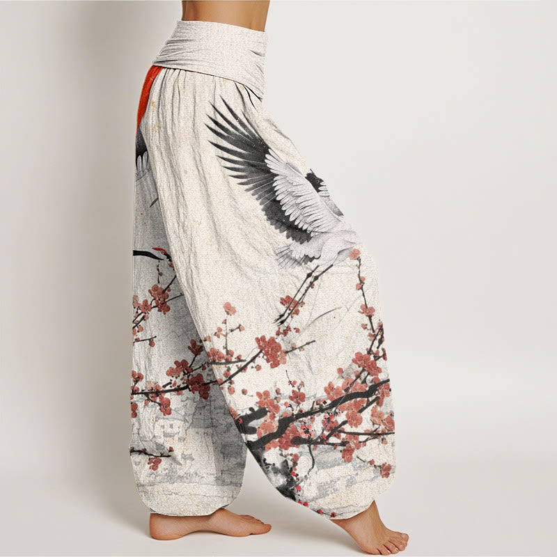 Buddha Stones Red-Crowned Crane Sun Red Plum Blossom Pattern Women's Elastic Waist Harem Pants - image 2