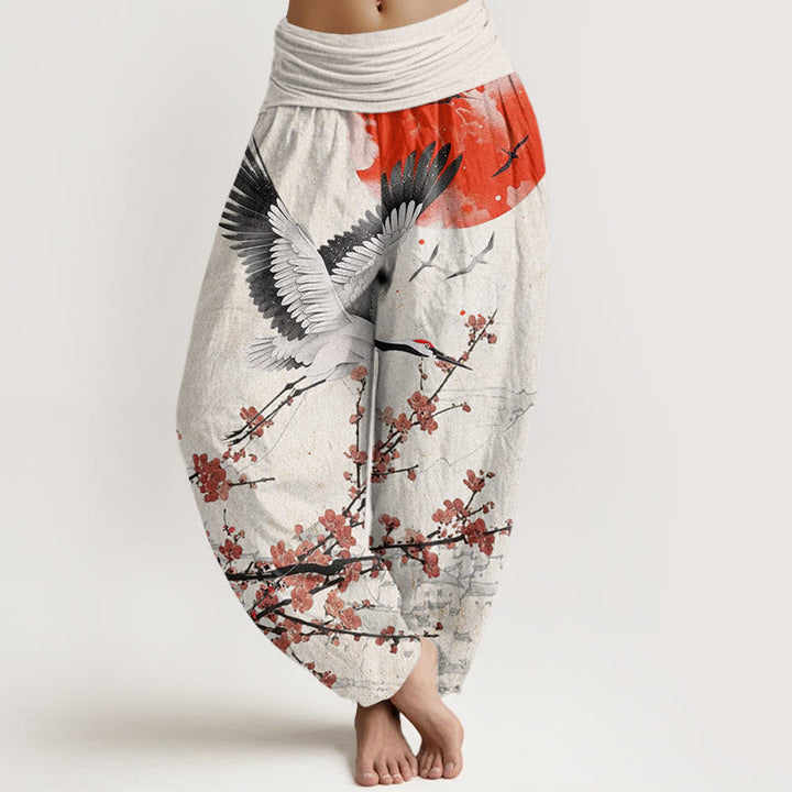 Buddha Stones Red-Crowned Crane Sun Red Plum Blossom Pattern Women's Elastic Waist Harem Pants - WhiteSmoke - US22，UK/AU26，EU54 (6XL) - image 0