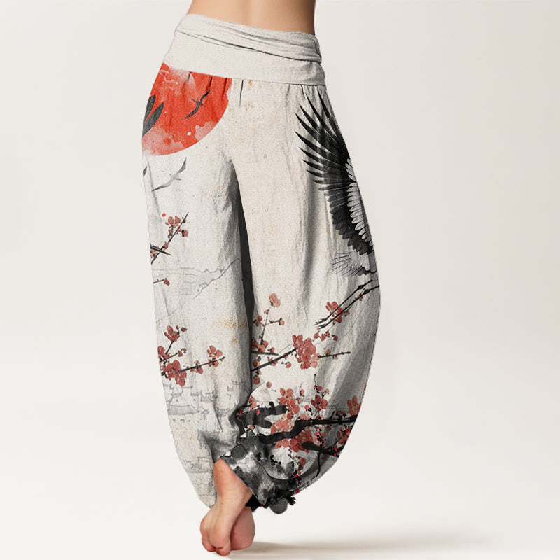 Buddha Stones Red-Crowned Crane Sun Red Plum Blossom Pattern Women's Elastic Waist Harem Pants - image 1