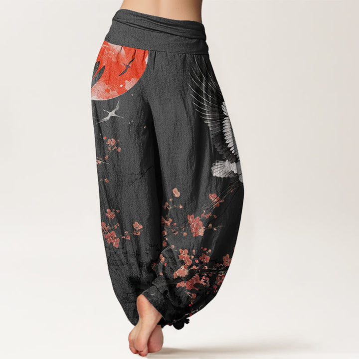 Buddha Stones Red-Crowned Crane Sun Red Plum Blossom Pattern Women's Elastic Waist Harem Pants - image 5
