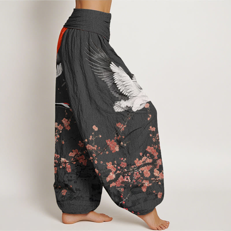 Buddha Stones Red-Crowned Crane Sun Red Plum Blossom Pattern Women's Elastic Waist Harem Pants - image 6