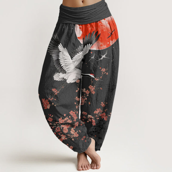 Buddha Stones Red-Crowned Crane Sun Red Plum Blossom Pattern Women's Elastic Waist Harem Pants - Black - US22，UK/AU26，EU54 (6XL) - image 4