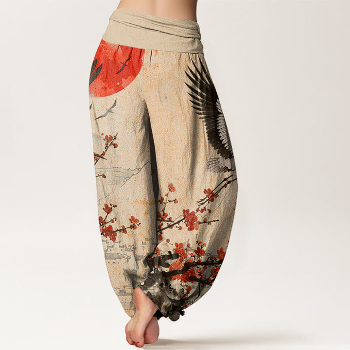 Buddha Stones Red-Crowned Crane Sun Red Plum Blossom Pattern Women's Elastic Waist Harem Pants - image 8