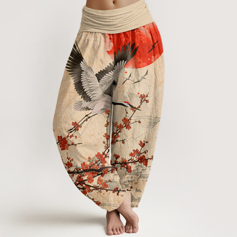 Buddha Stones Red-Crowned Crane Sun Red Plum Blossom Pattern Women's Elastic Waist Harem Pants - Khaki - US22，UK/AU26，EU54 (6XL) - image 7