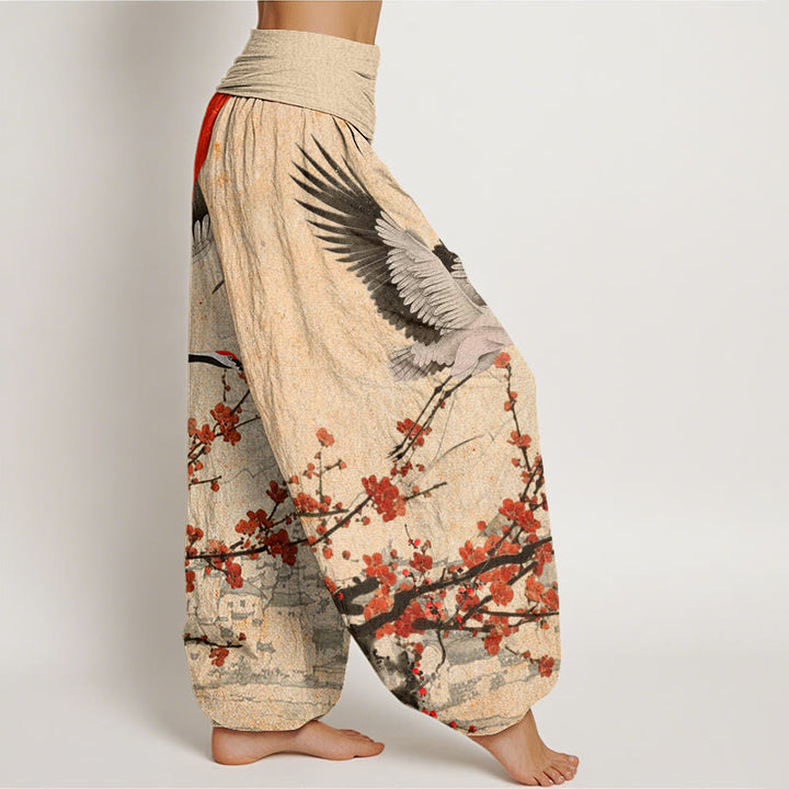 Buddha Stones Red-Crowned Crane Sun Red Plum Blossom Pattern Women's Elastic Waist Harem Pants - image 9